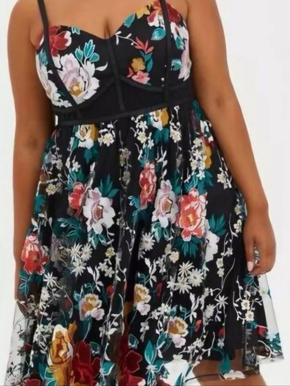 Torrid Black Embroidered Floral Mesh Dress with Teal & Gold Accents 18 - Picture 2 of 6